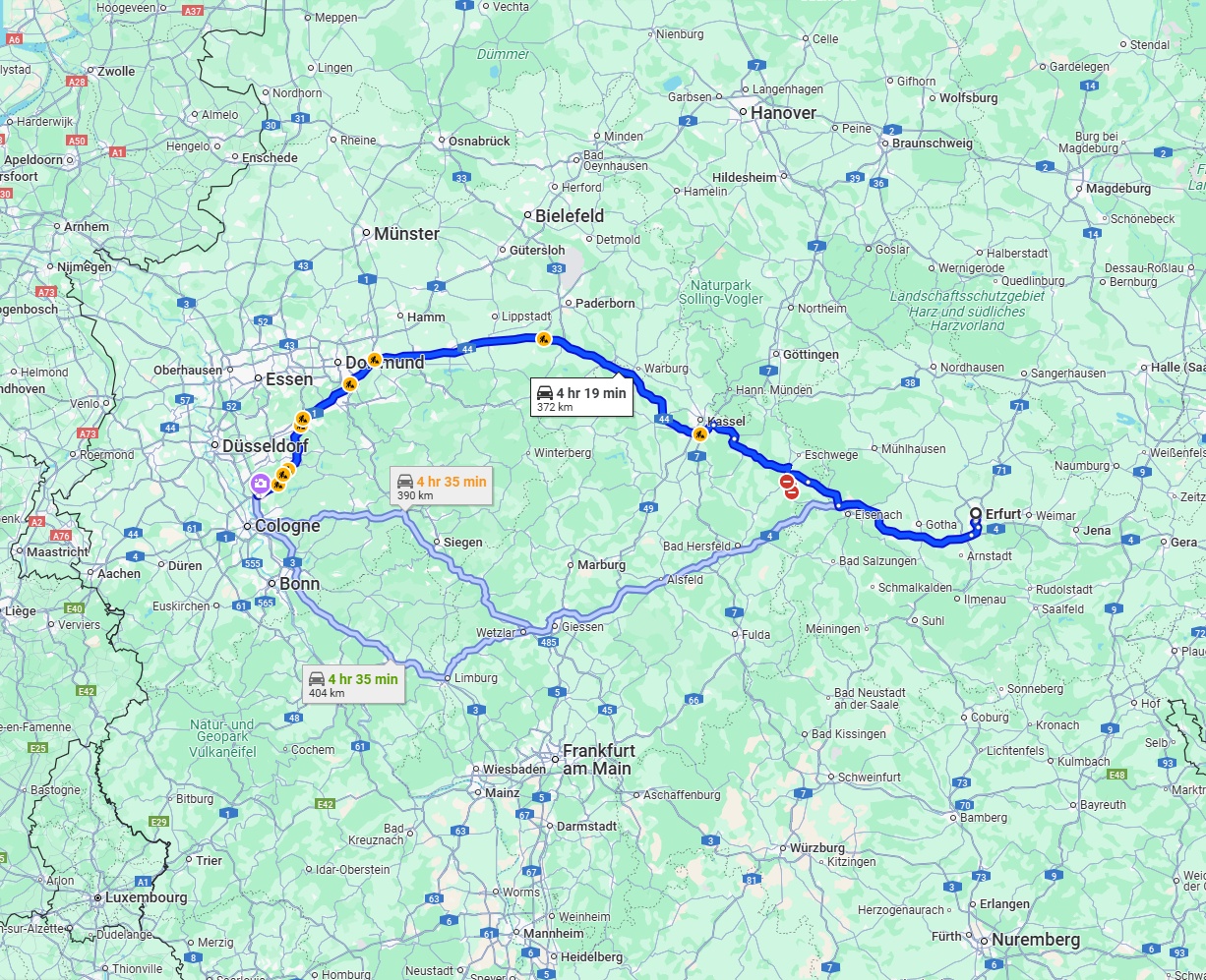Anreise von Erfurt Zu Leverkusen Über via A44