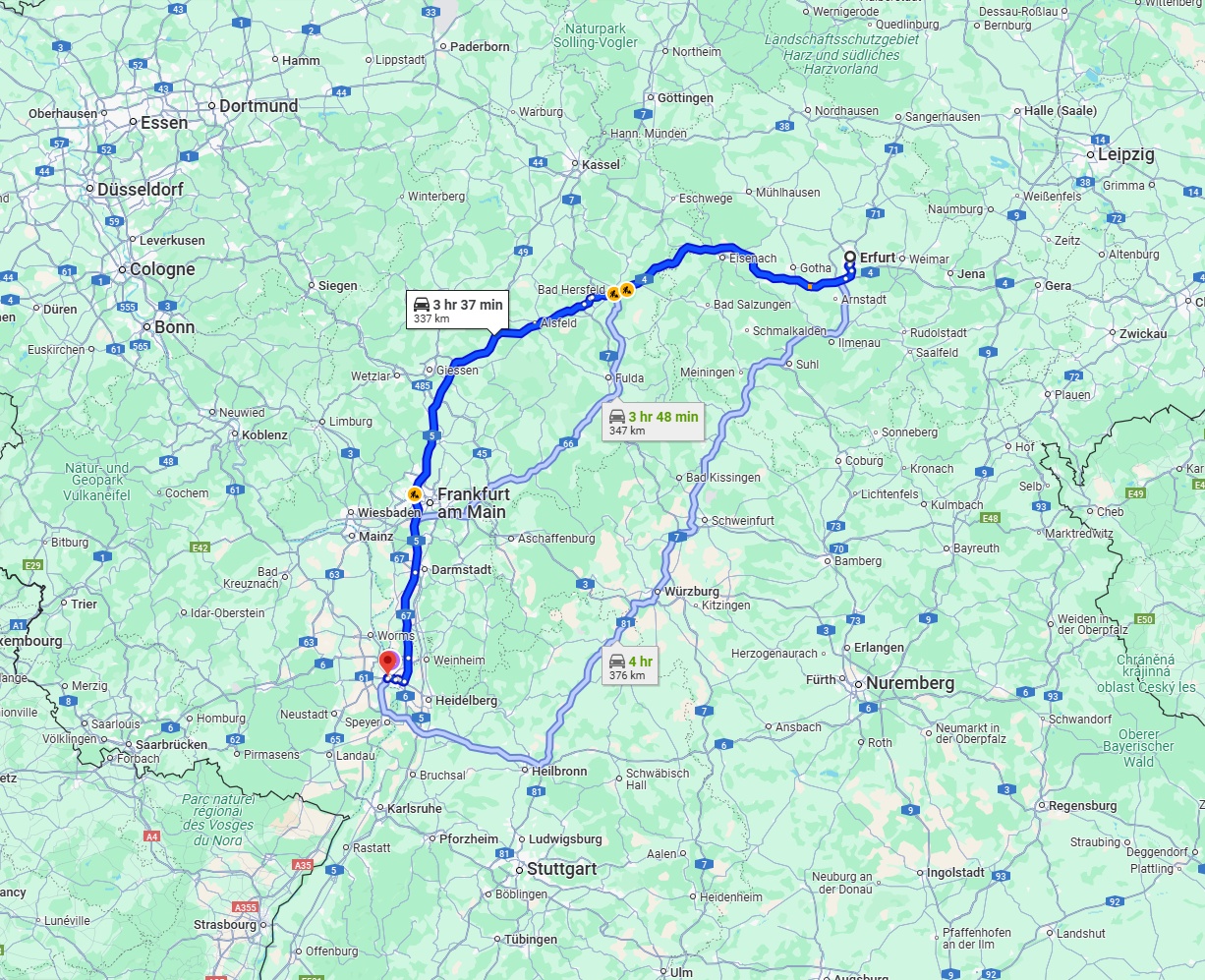 Anreise von Erfurt Zu Ludwigshafen am Rhein Über via A4 and A5