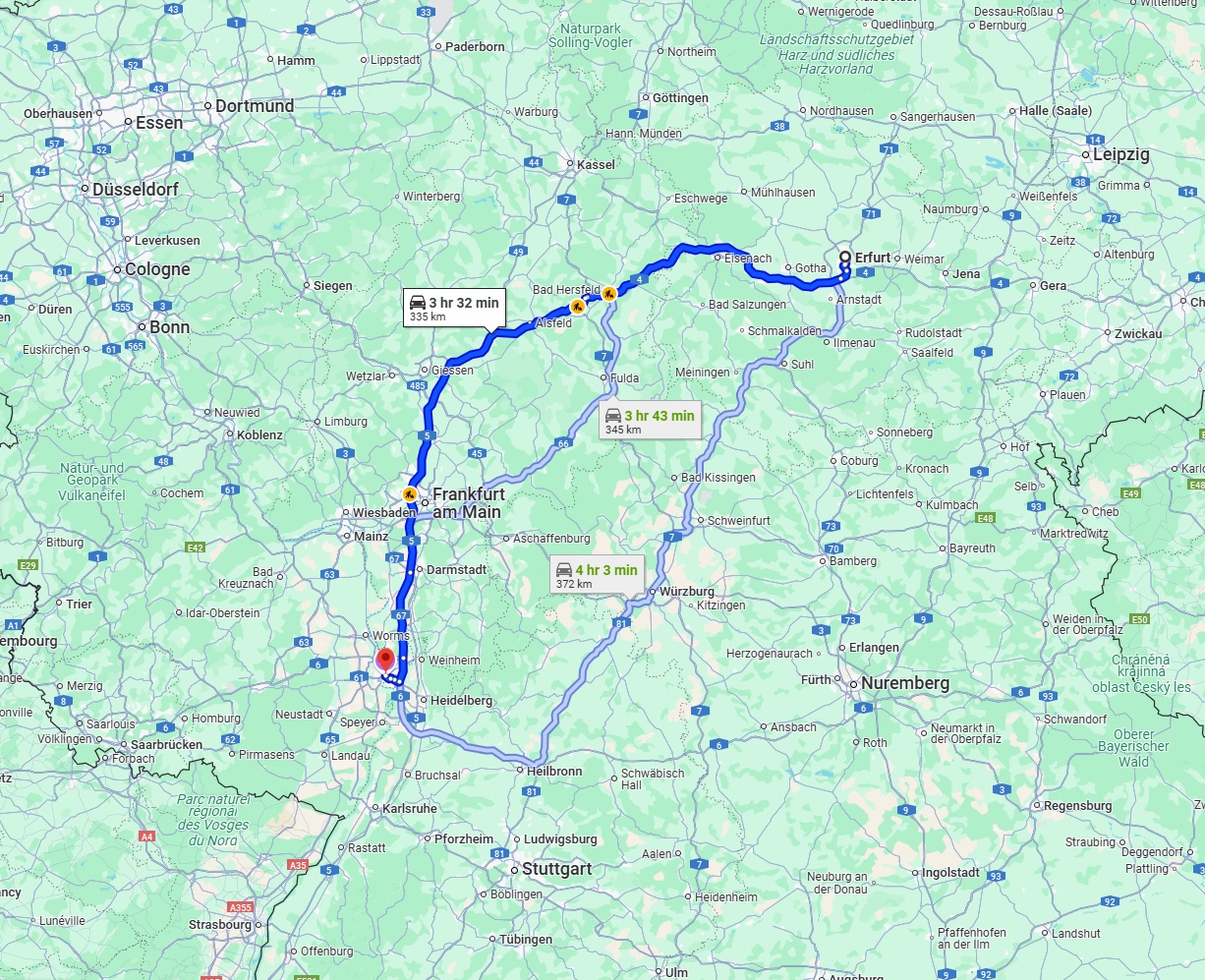 Anreise von Erfurt Zu Mannheim Über via A4 and A5