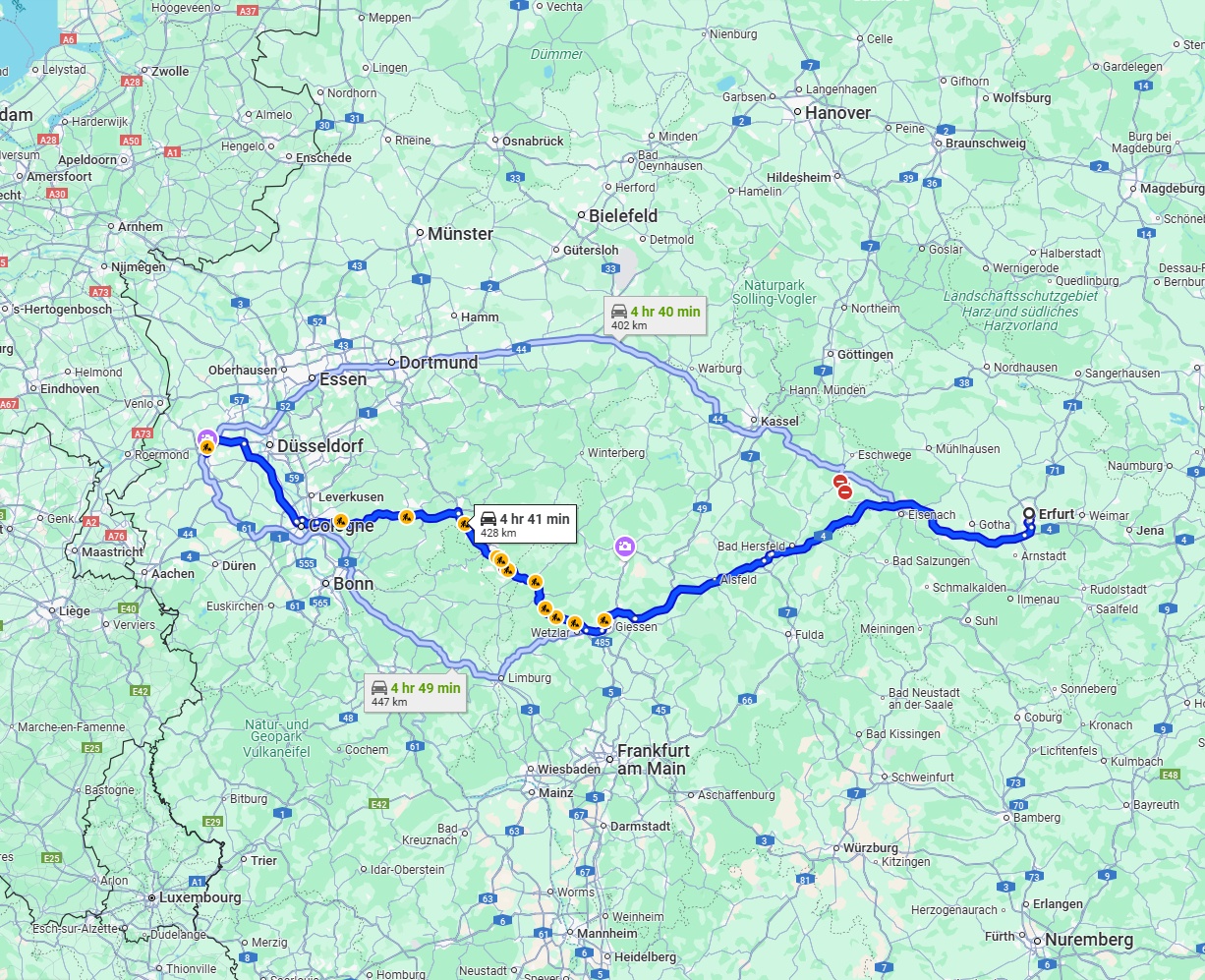 Anreise von Erfurt Zu Mönchengladbach Über via A4