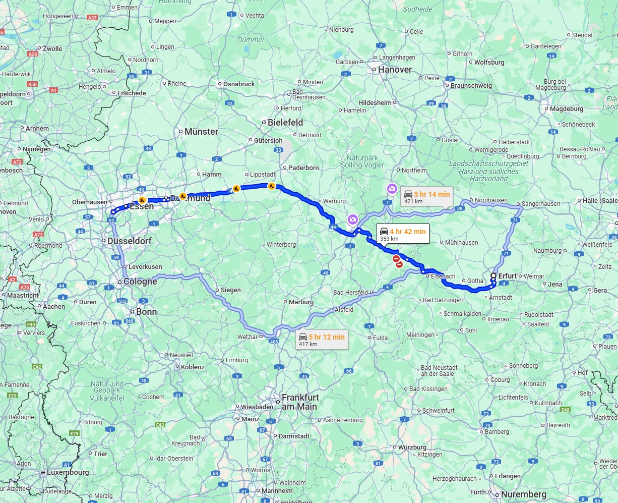 Anreise von Erfurt Zu Mülheim an der Ruhr Über via A44