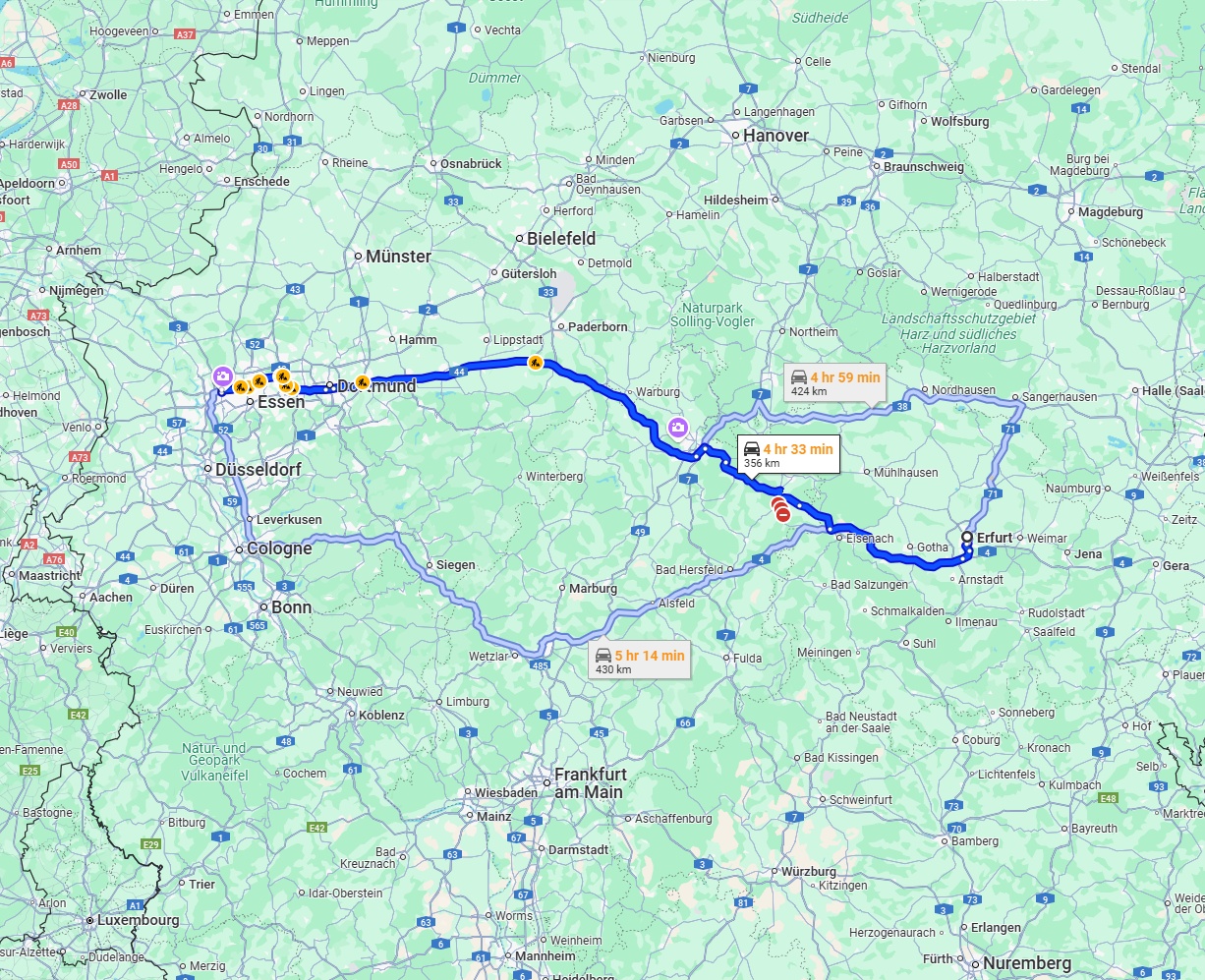 Anreise von Erfurt Zu Oberhausen Über via A44