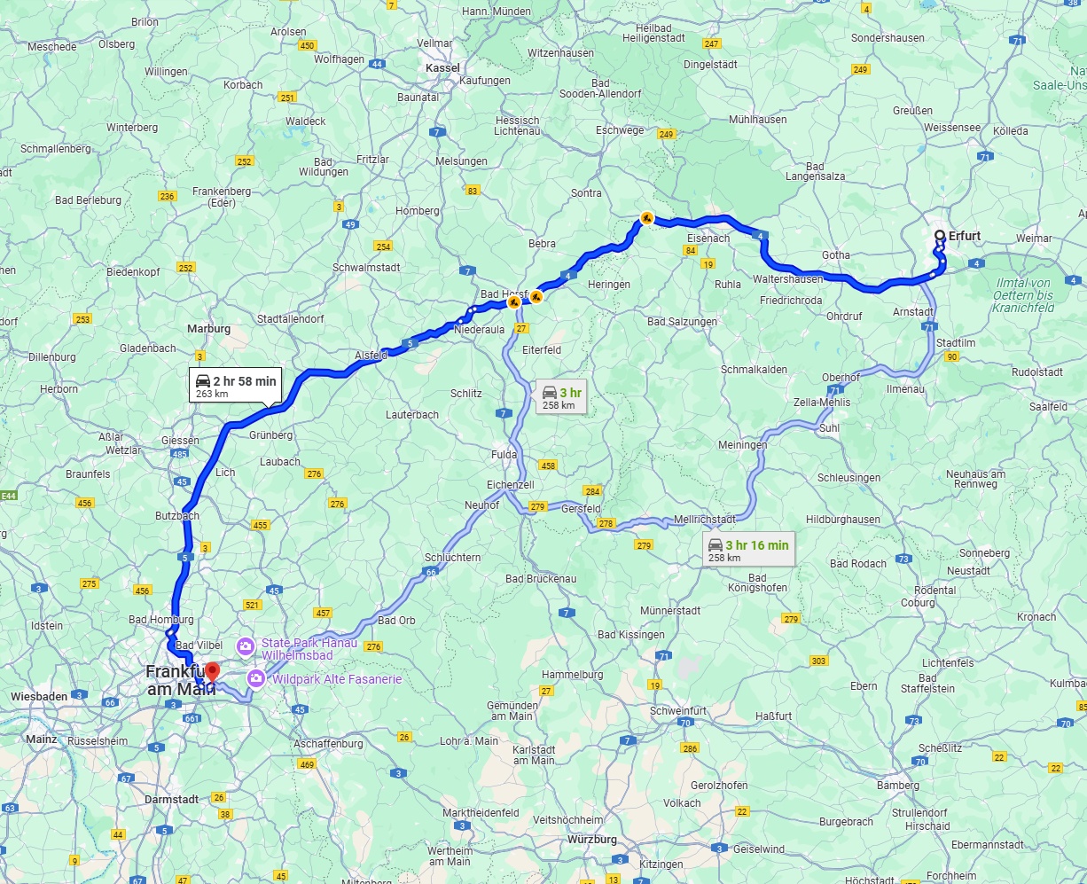 Anreise von Erfurt Zu Offenbach am Main Über via A4 and A5