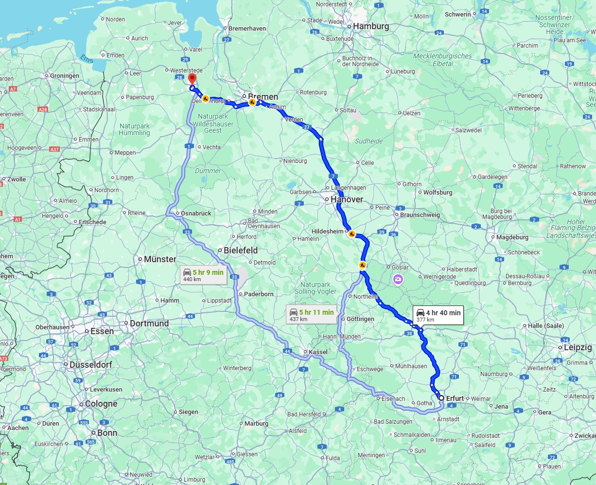 Anreise von Erfurt Zu Oldenburg Über via A7