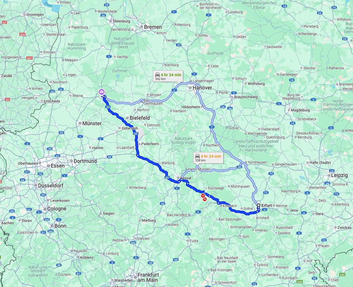 Anreise von Erfurt Zu Osnabrück Über via A44 and A33
