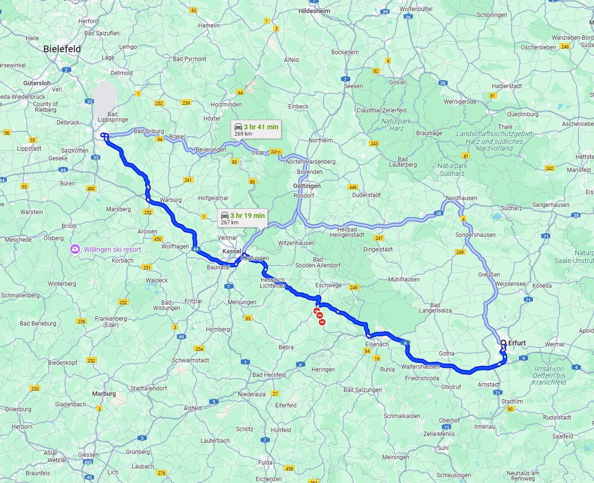 Anreise von Erfurt Zu Paderborn Über via A4 and A44
