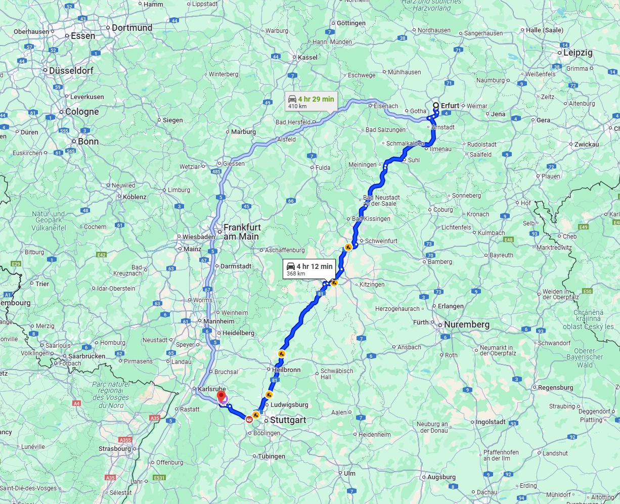 Anreise von Erfurt Zu Pforzheim Über via A71 and A81