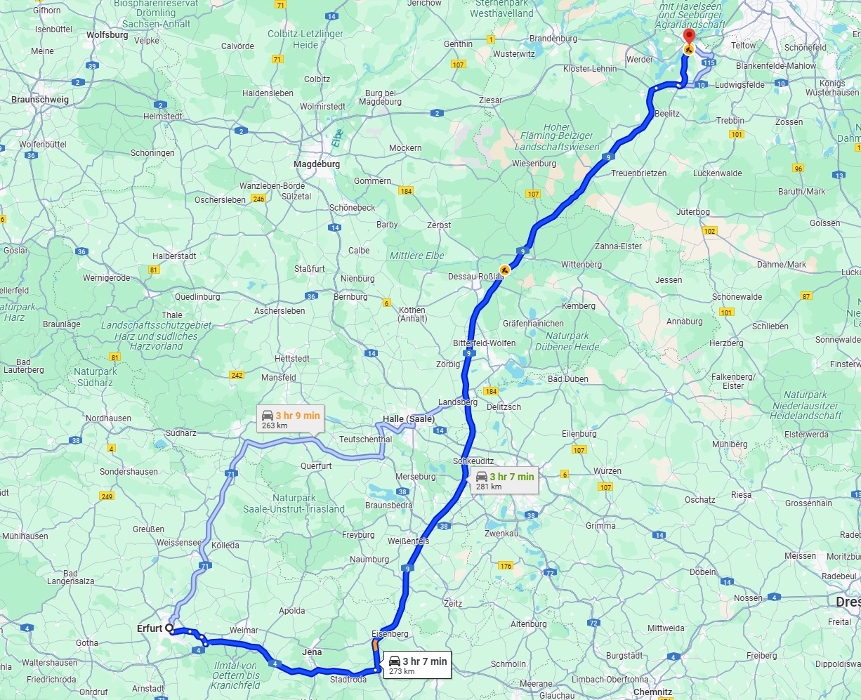 Anreise von Erfurt Zu Potsdam Über via A9
