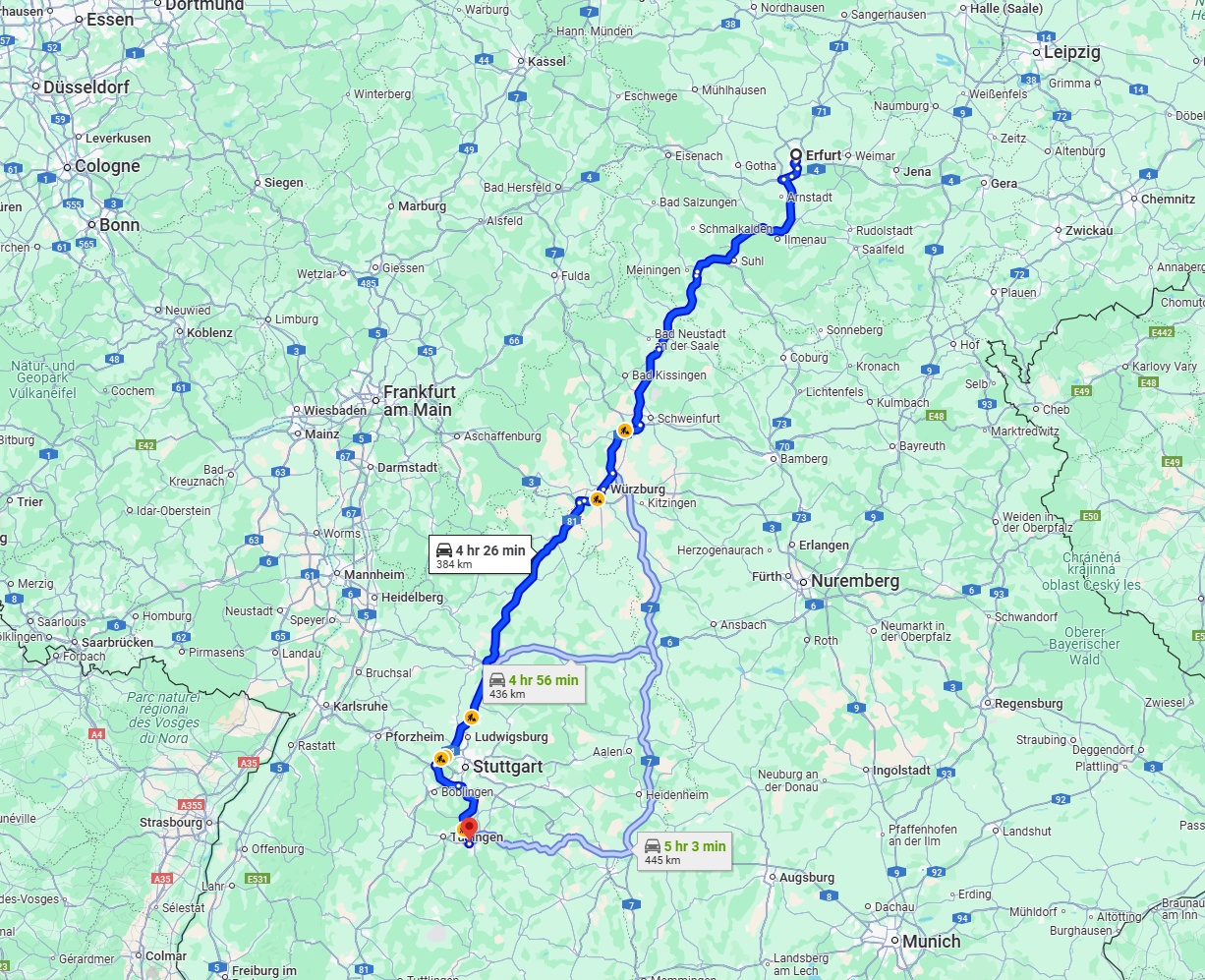 Anreise von Erfurt Zu Reutlingen Über via A71 and A81
