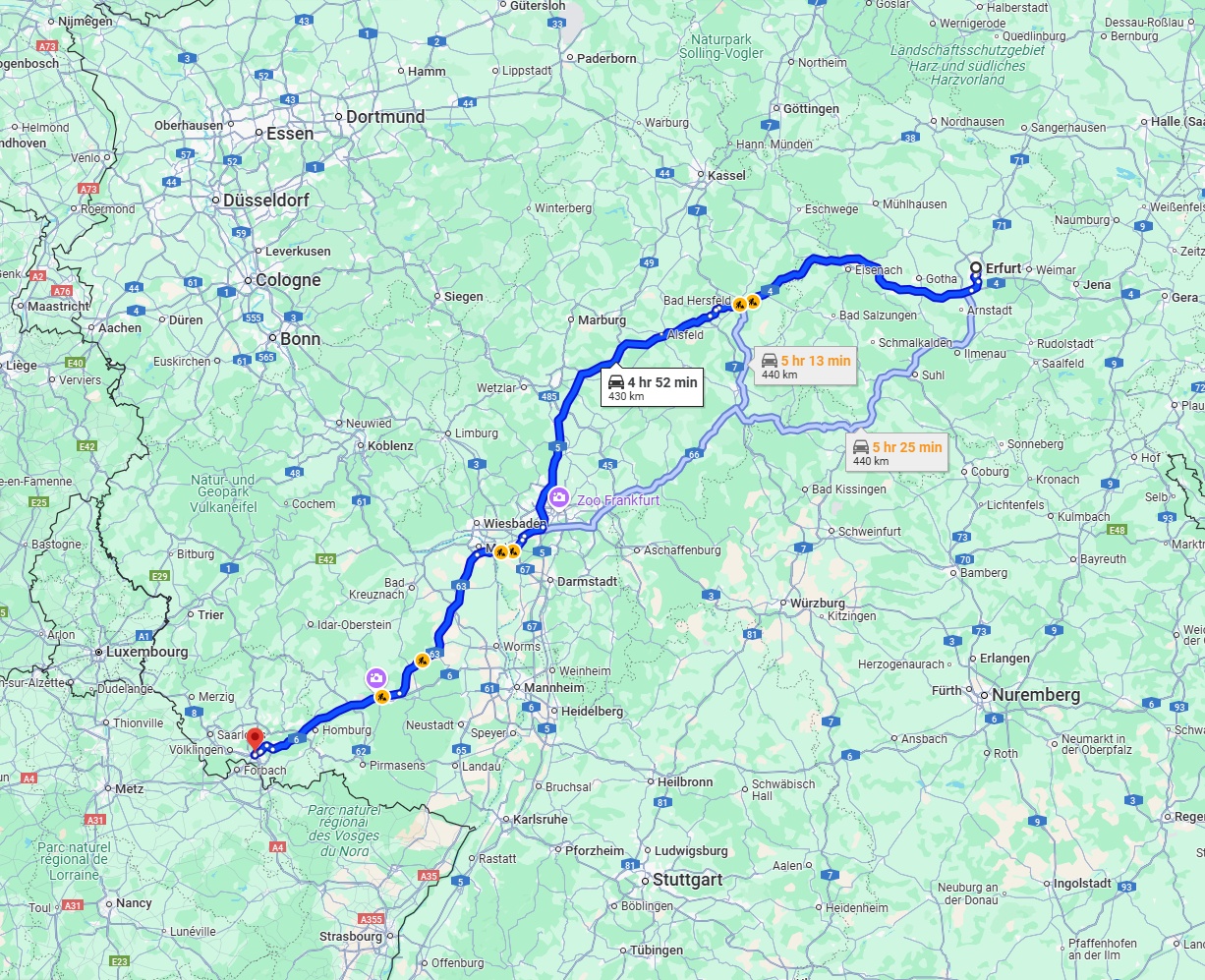 Anreise von Erfurt Zu Saarbrücken Über via A4 and A5