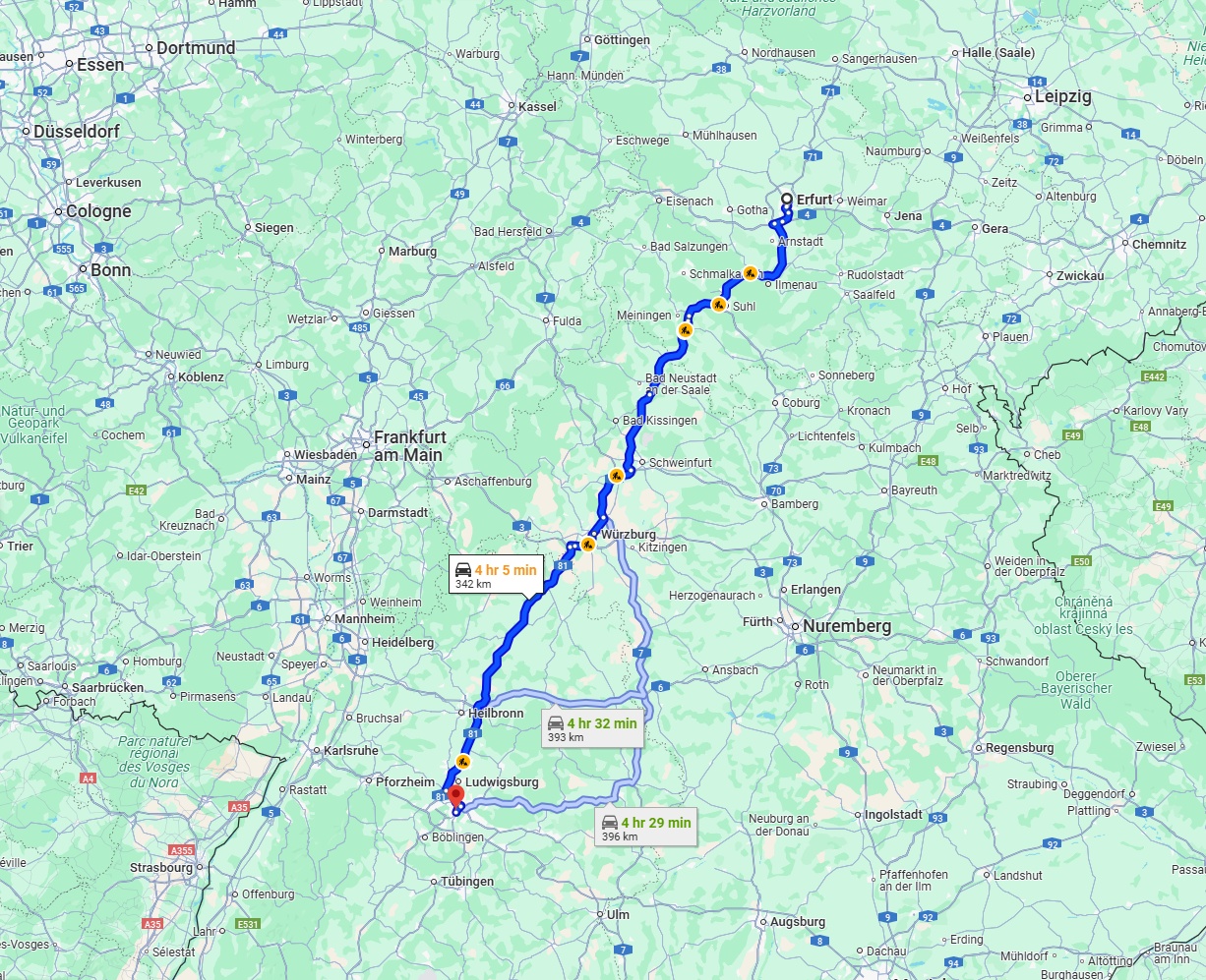 Anreise von Erfurt Zu Stuttgart Über via A71 and A81