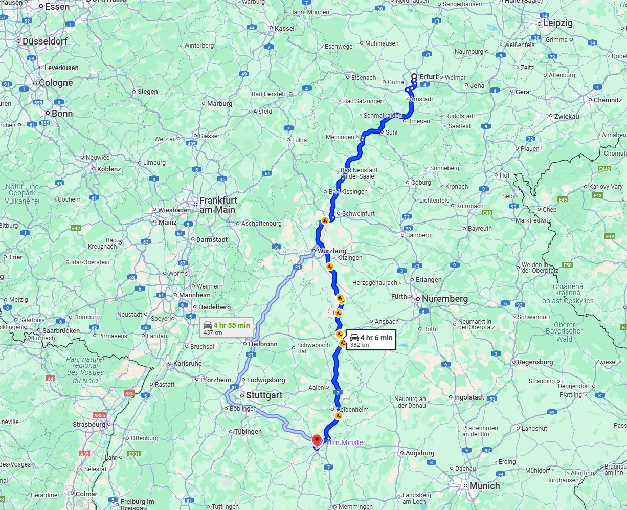 Anreise von Erfurt Zu Ulm Über via A71 and A7