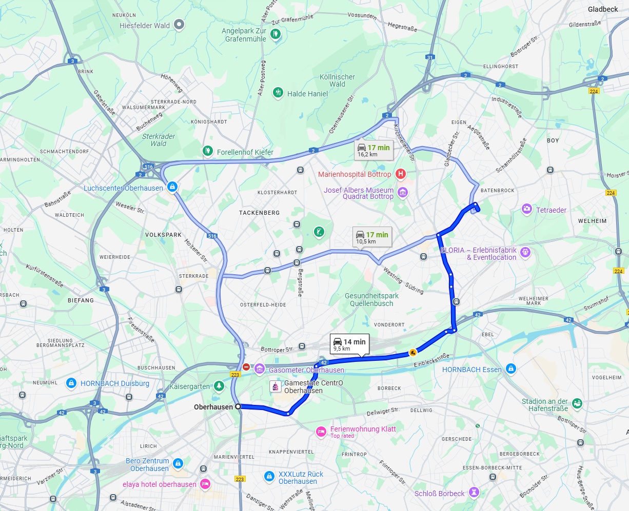 Anreise von Oberhausen Zu Bottrop Über via A42
