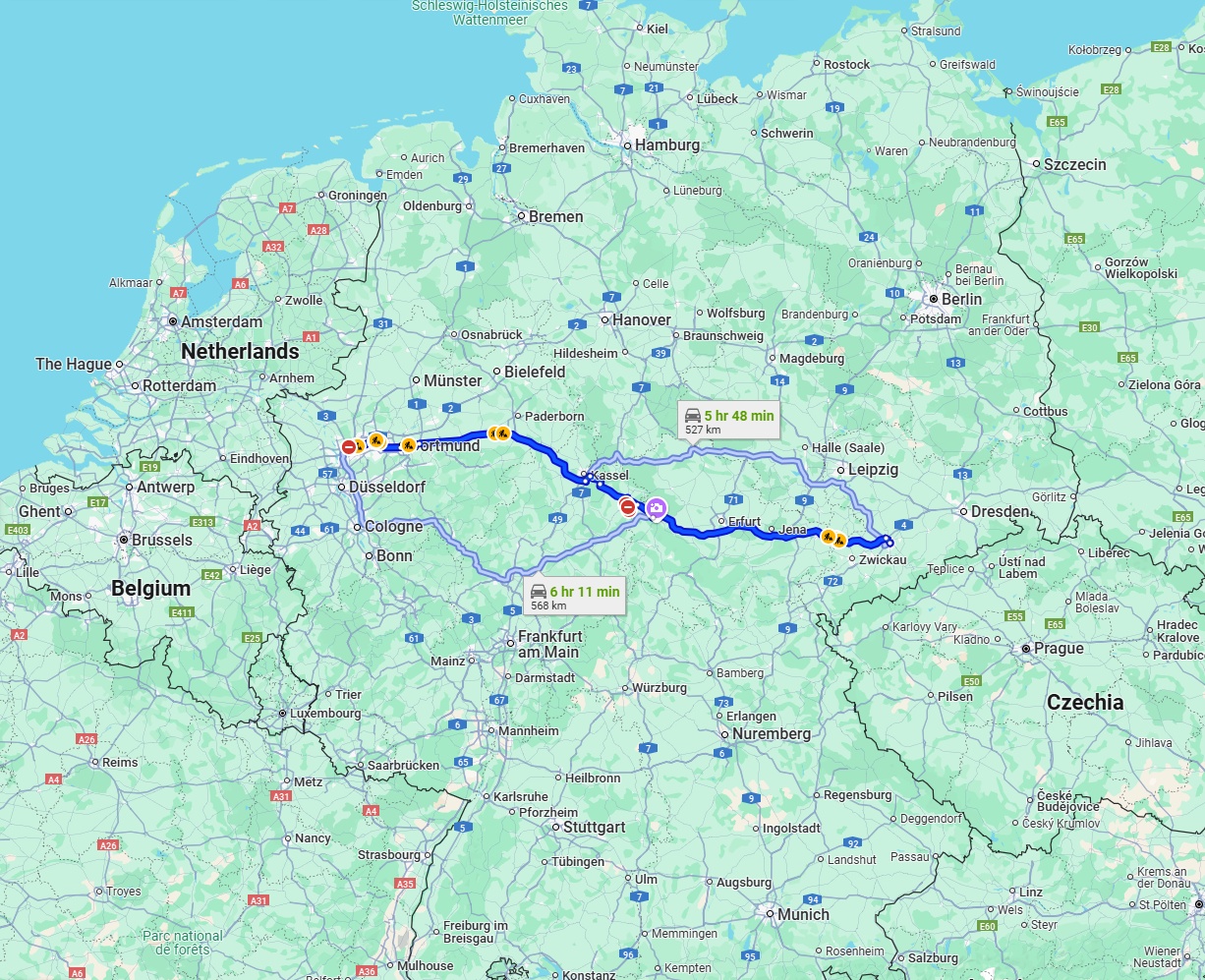 Anreise von Oberhausen Zu Chemnitz Über via A44 and A4