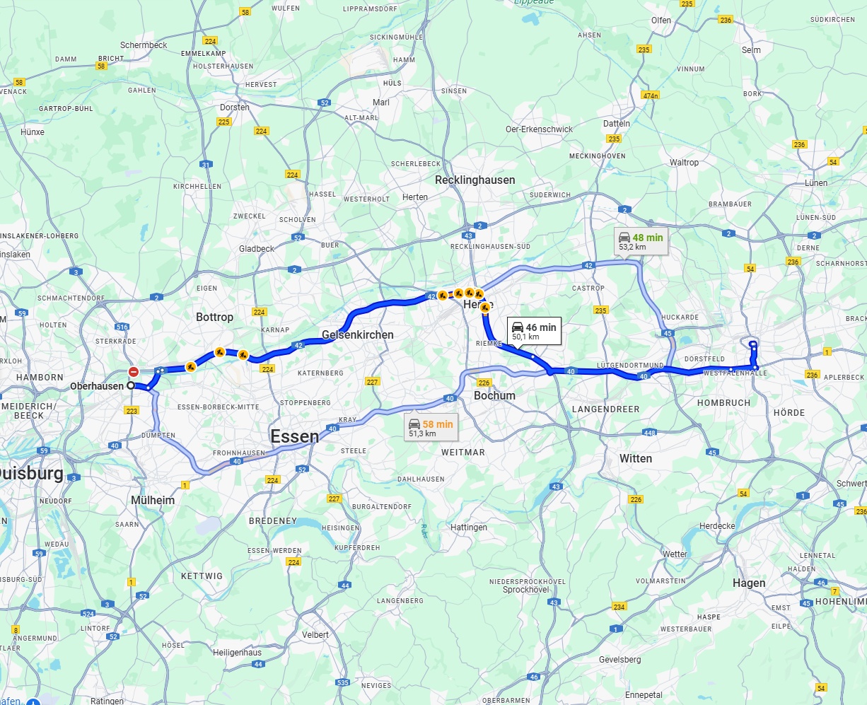 Anreise von Oberhausen Zu Dortmund Über via A42