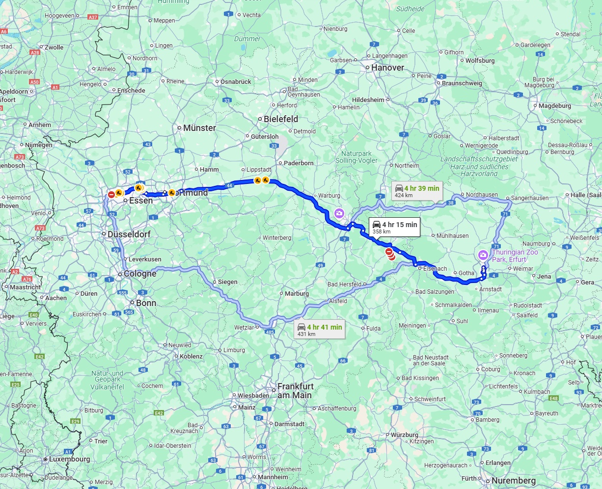 Anreise von Oberhausen Zu Erfurt Über via A44