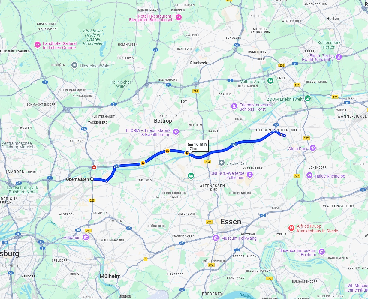Anreise von Oberhausen Zu Gelsenkirchen Über via A42