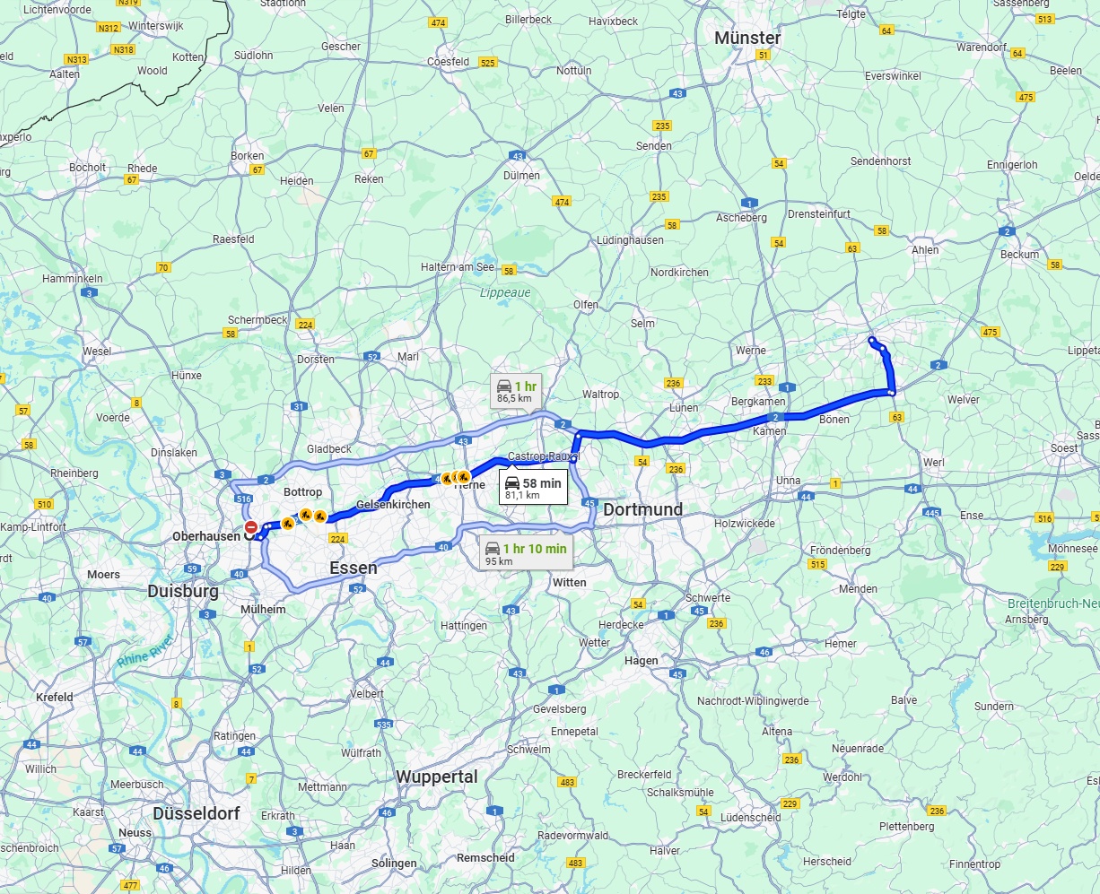 Anreise von Oberhausen Zu Hamm Über via A42 and A2