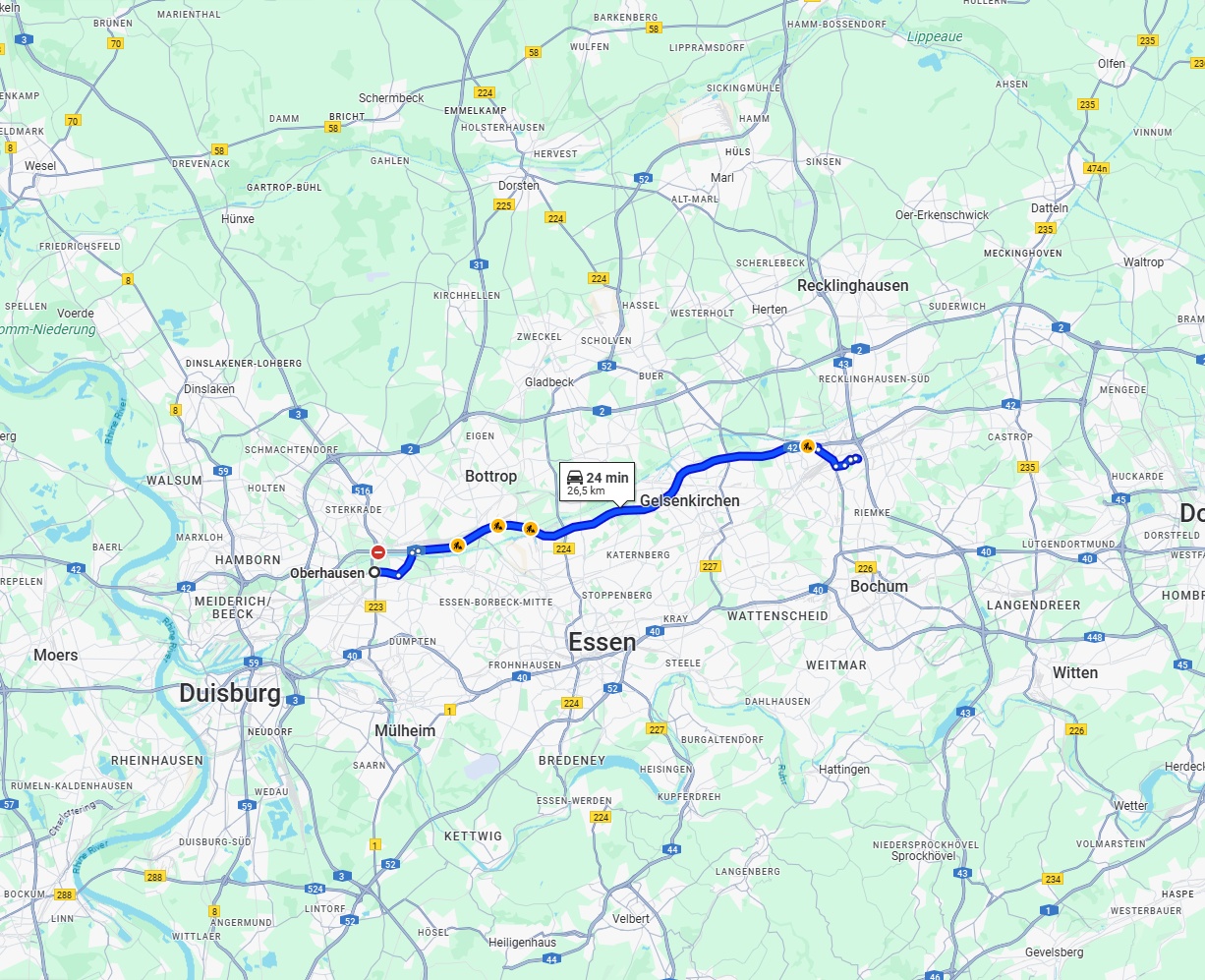 Anreise von Oberhausen Zu Herne Über via A42