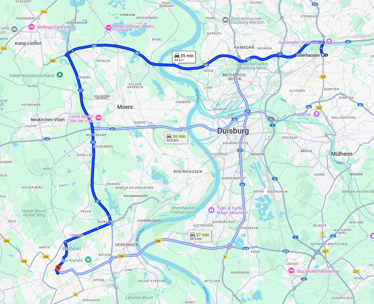 Anreise von Oberhausen Zu Krefeld Über via A42 and A57