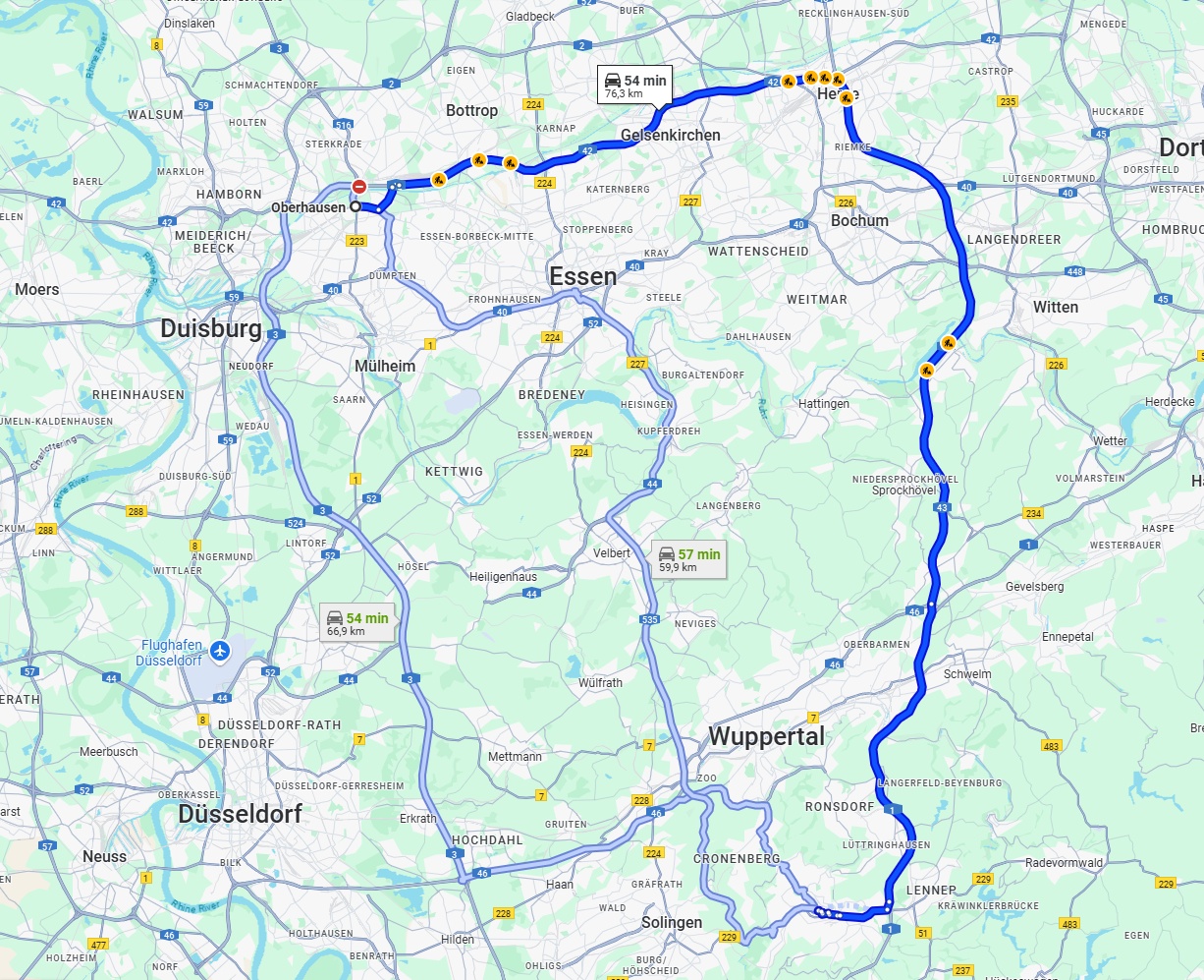 Anreise von Oberhausen Zu Remscheid Über via A42 and A43