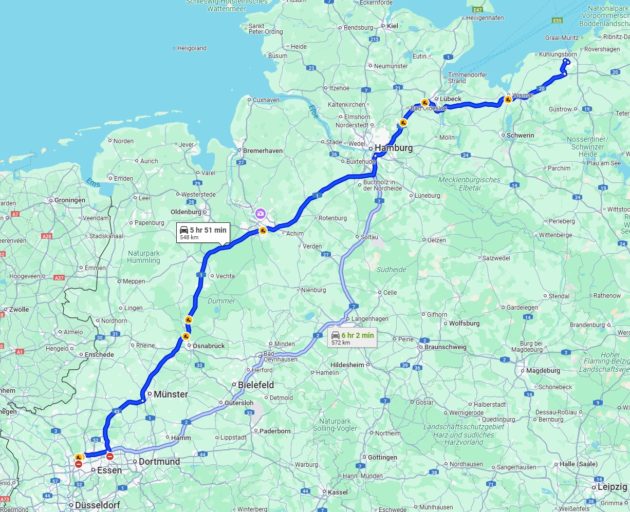 Anreise von Oberhausen Zu Rostock Über via A1