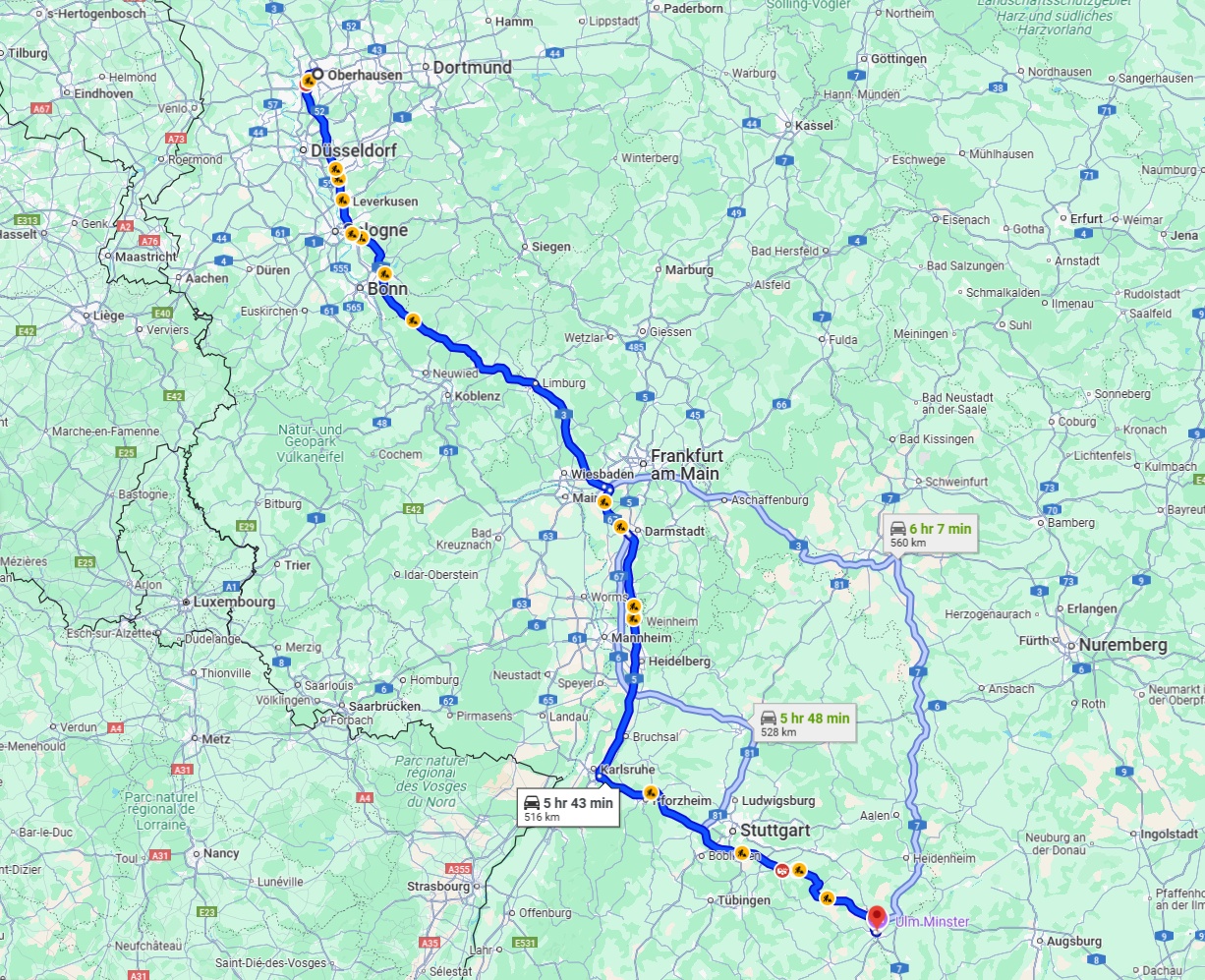 Anreise von Oberhausen Zu Ulm Über via A3 and A8