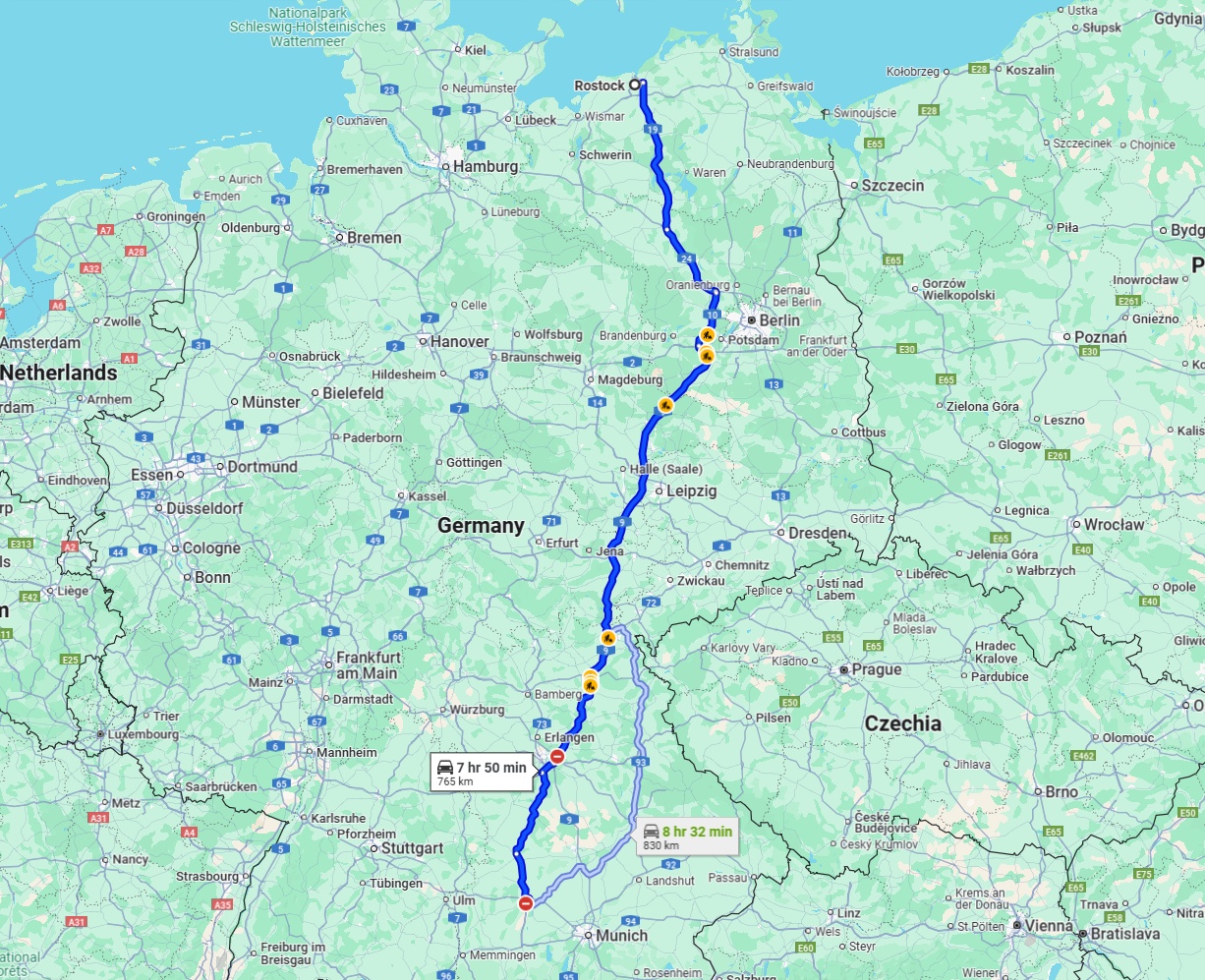Anreise von Rostock Zu Augsburg Über via A9