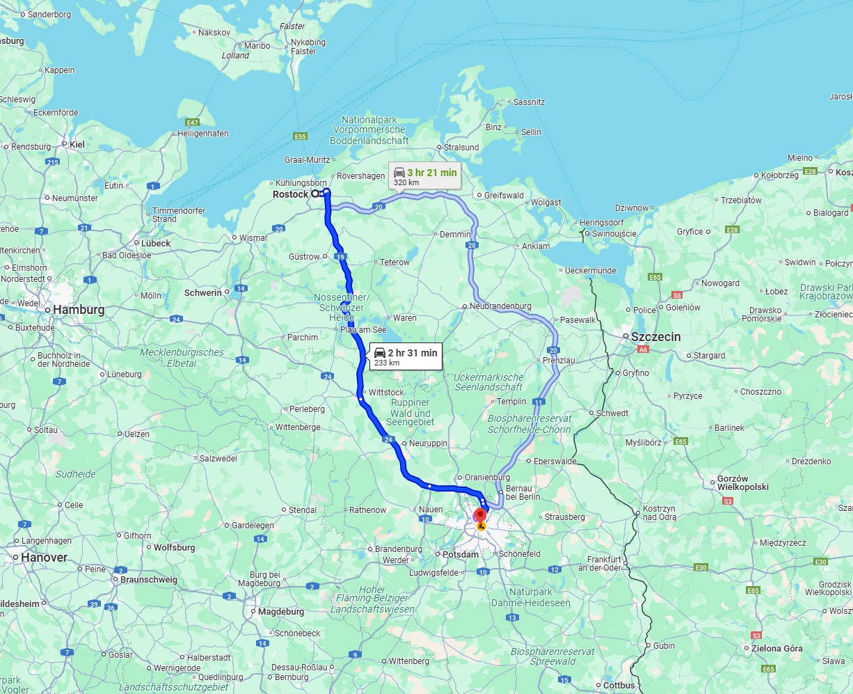 Anreise von Rostock Zu Berlin Über via A19 and A24