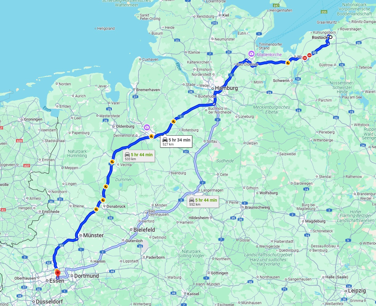 Anreise von Rostock Zu Bochum Über via A1