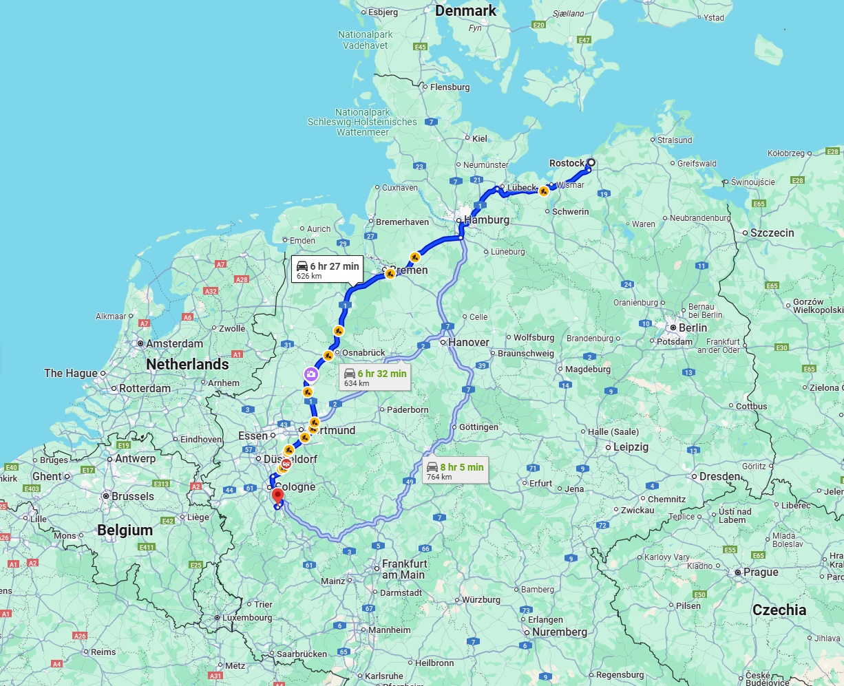 Anreise von Rostock Zu Bonn Über via A1