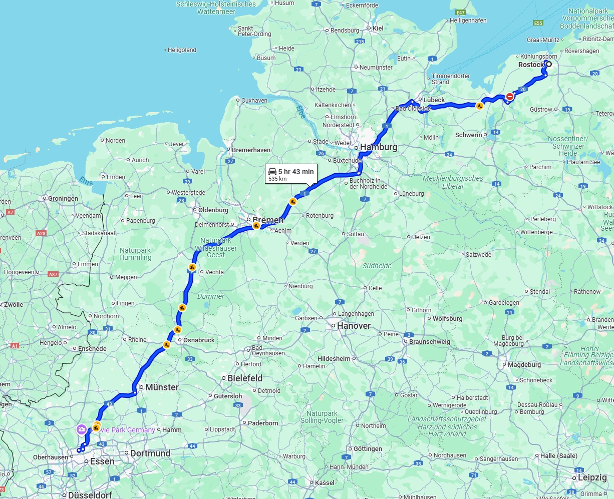 Anreise von Rostock Zu Bottrop Über via A1
