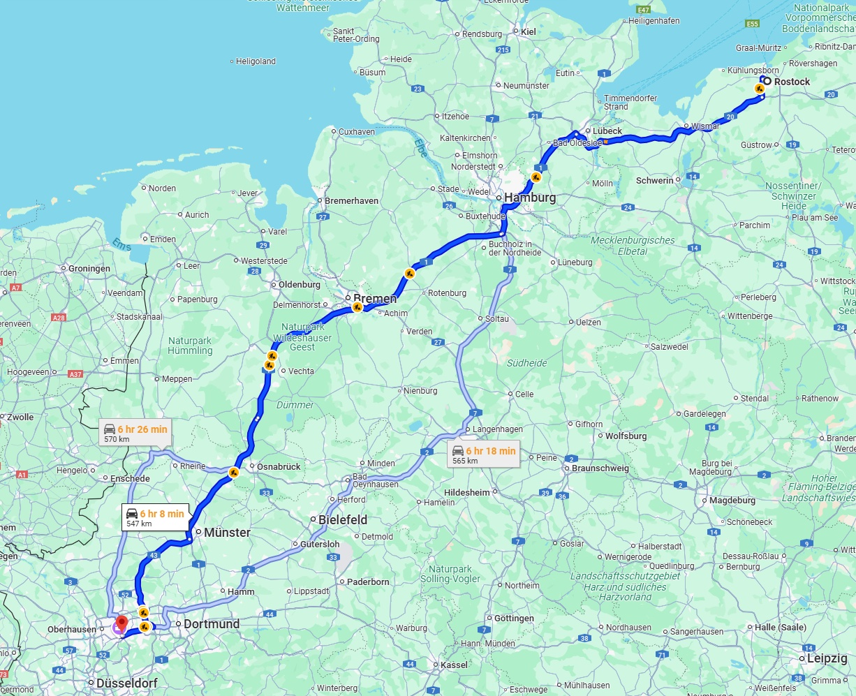 Anreise von Rostock Zu Essen Über via A1