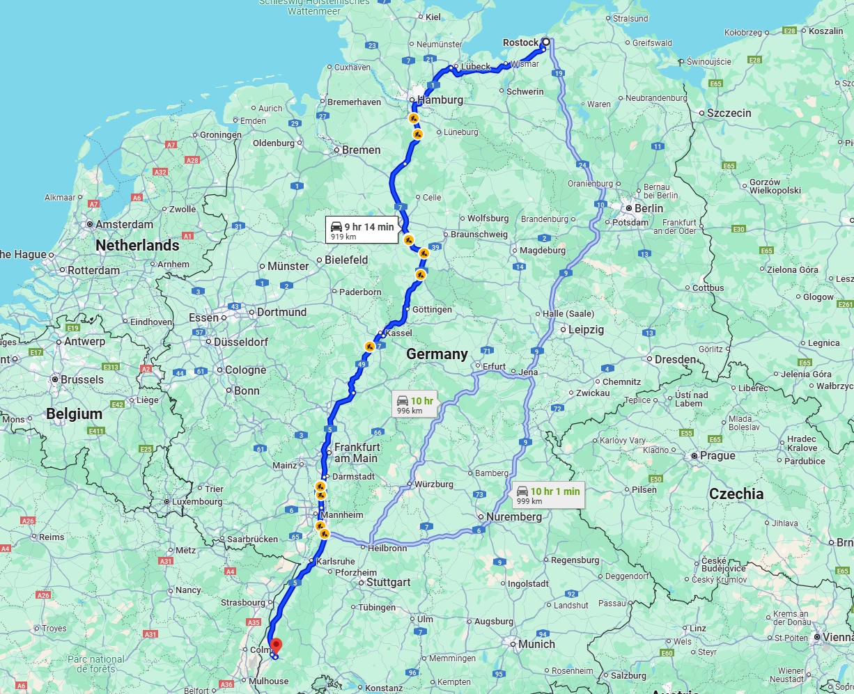 Anreise von Rostock Zu Freiburg im Breisgau Über via A7 and A5