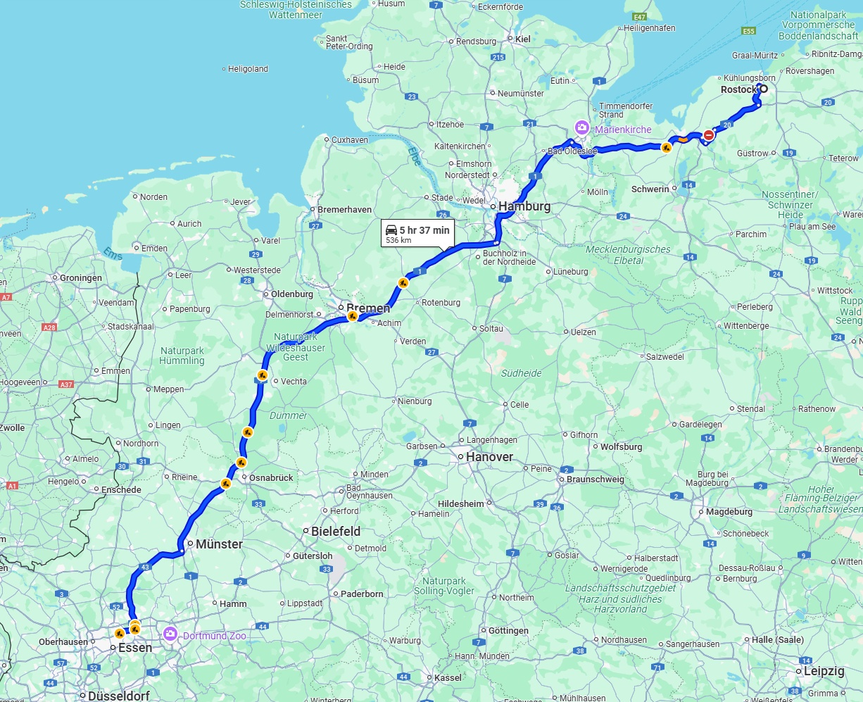 Anreise von Rostock Zu Gelsenkirchen Über via A1