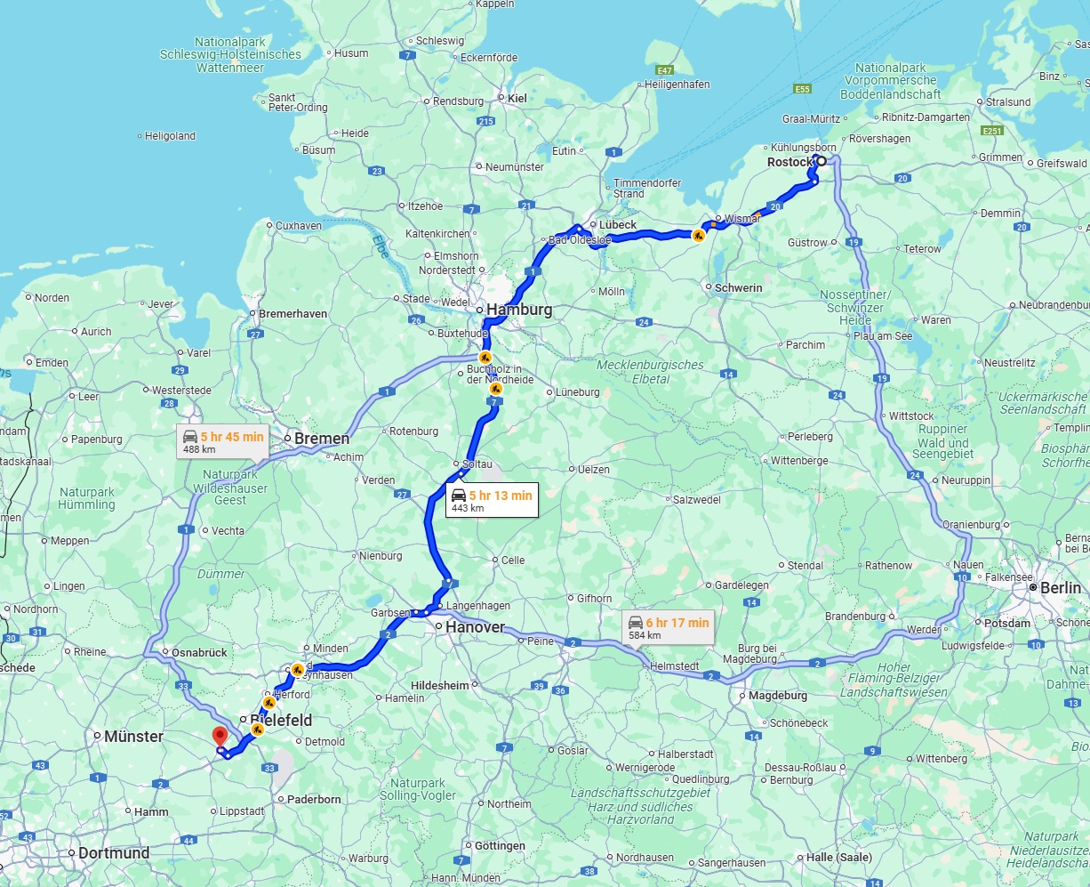 Anreise von Rostock Zu Gütersloh Über via A20 and A2
