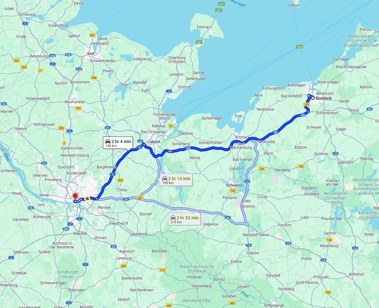 Anreise von Rostock Zu Hamburg Über via A20