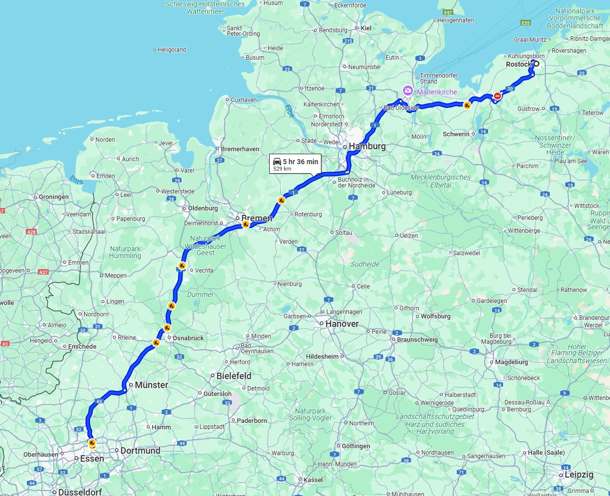 Anreise von Rostock Zu Herne Über via A1