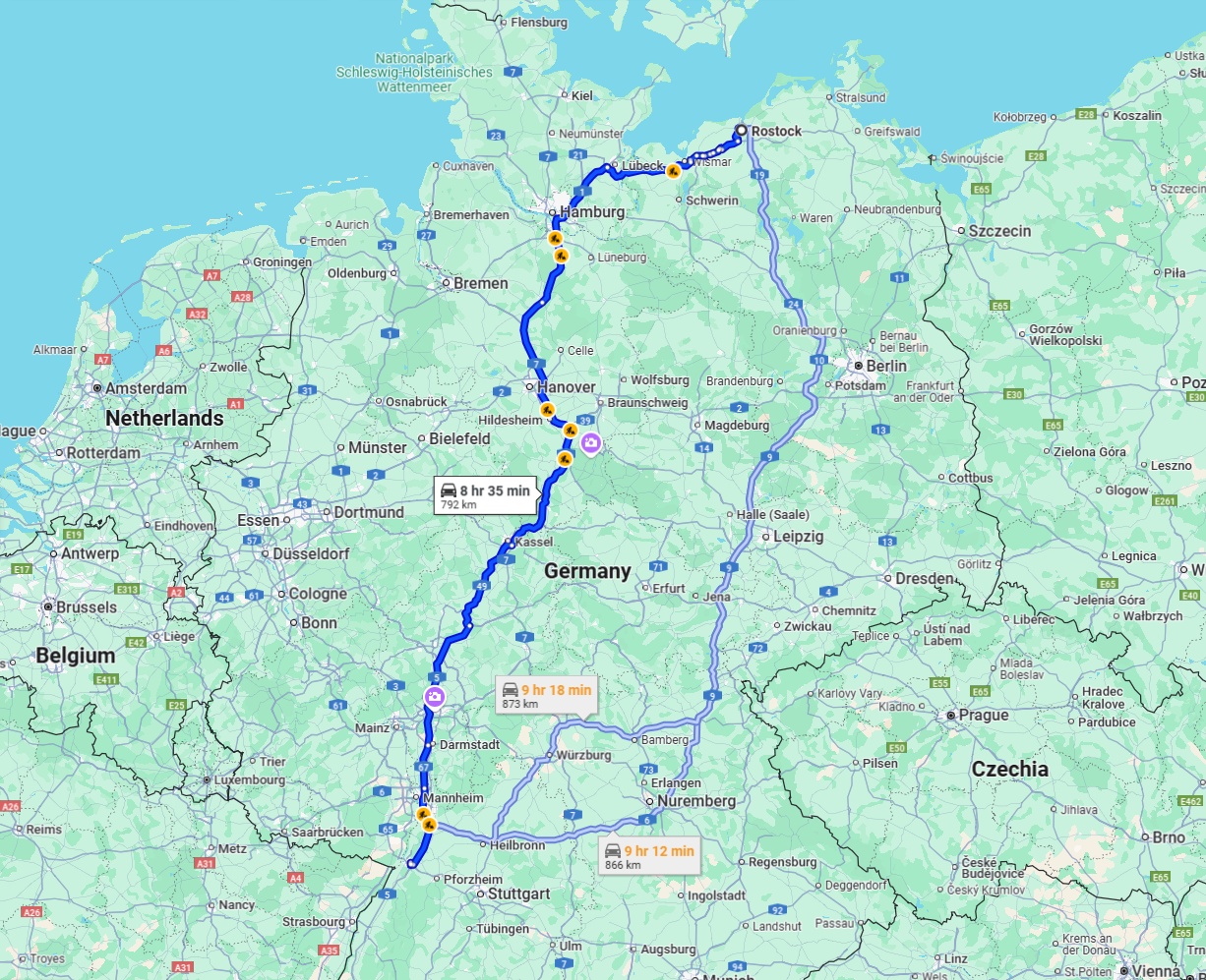 Anreise von Rostock Zu Karlsruhe Über via A7