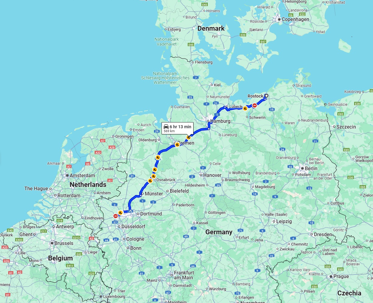 Anreise von Rostock Zu Moers Über via A1