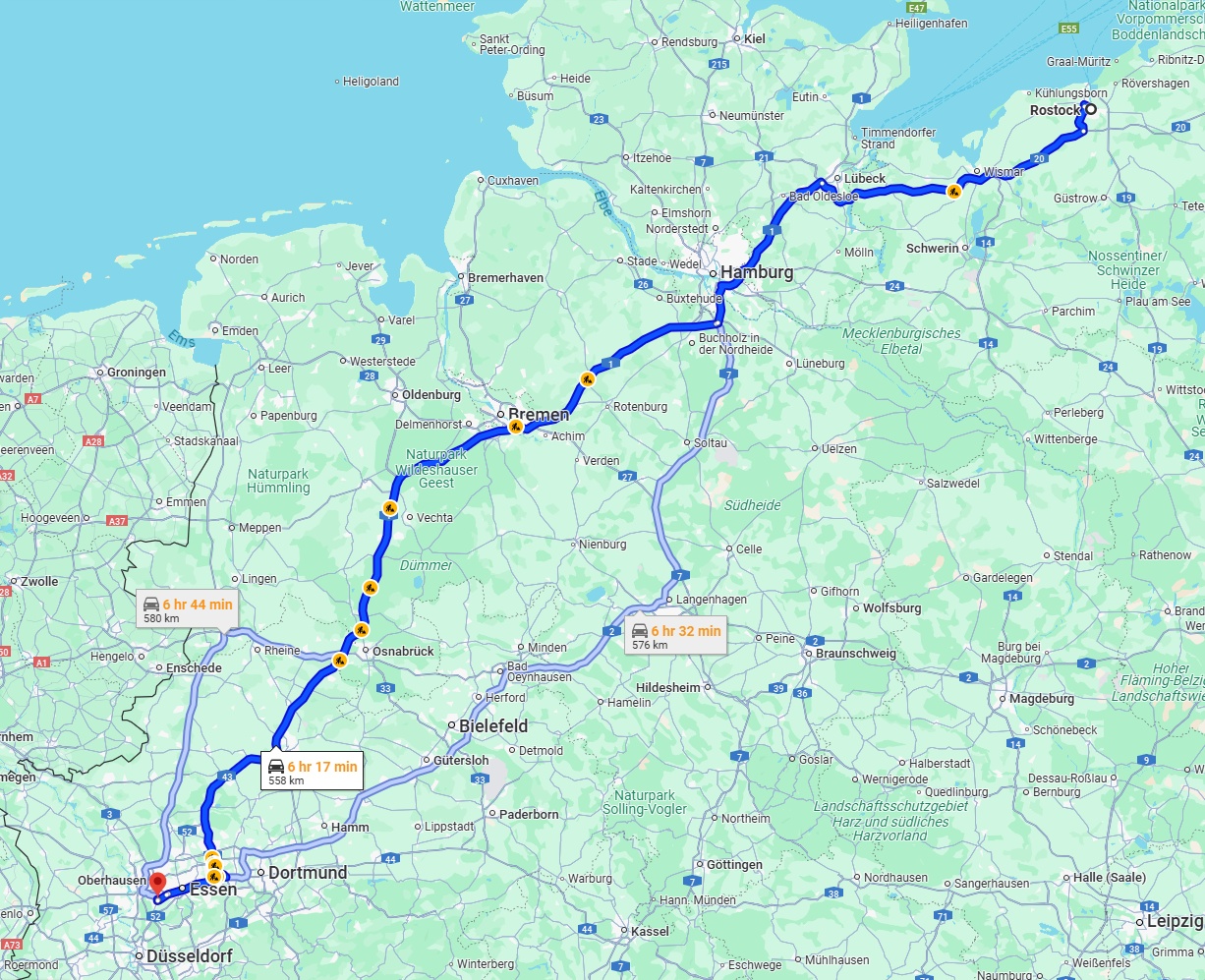 Anreise von Rostock Zu Mülheim an der Ruhr Über via A1