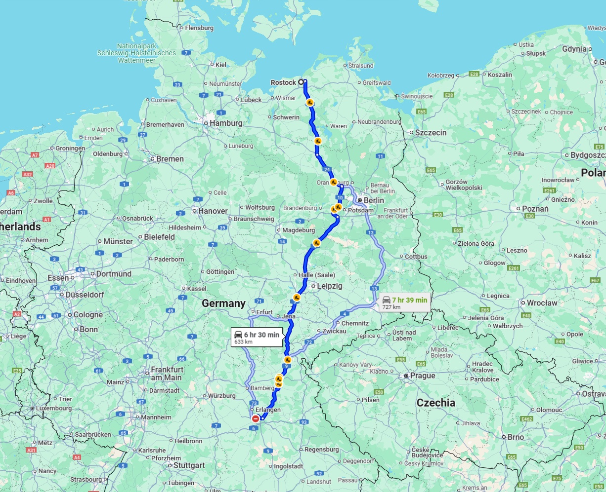 Anreise von Rostock Zu Nürnberg Über via A9
