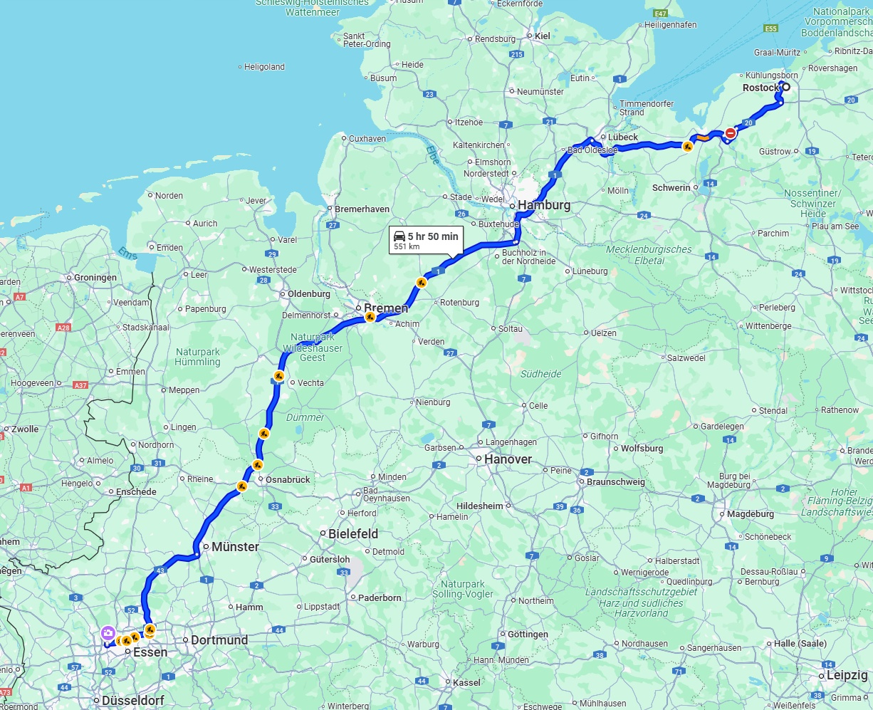 Anreise von Rostock Zu Oberhausen Über via A1