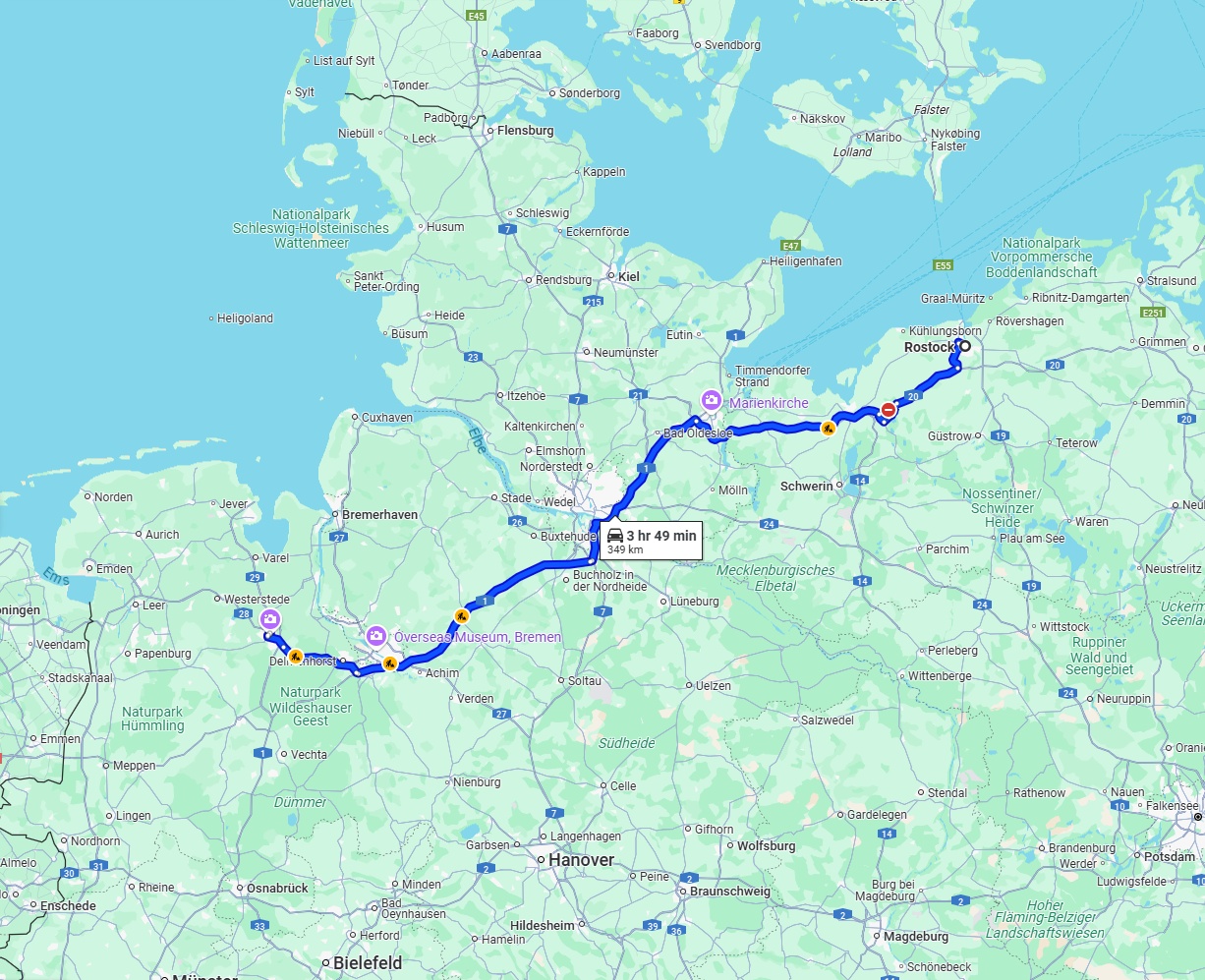 Anreise von Rostock Zu Oldenburg Über via A20 and A1