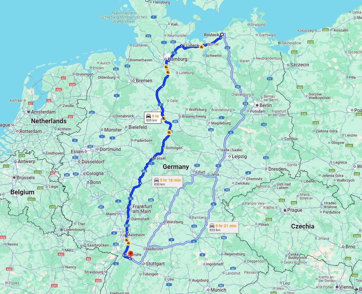 Anreise von Rostock Zu Pforzheim Über via A7