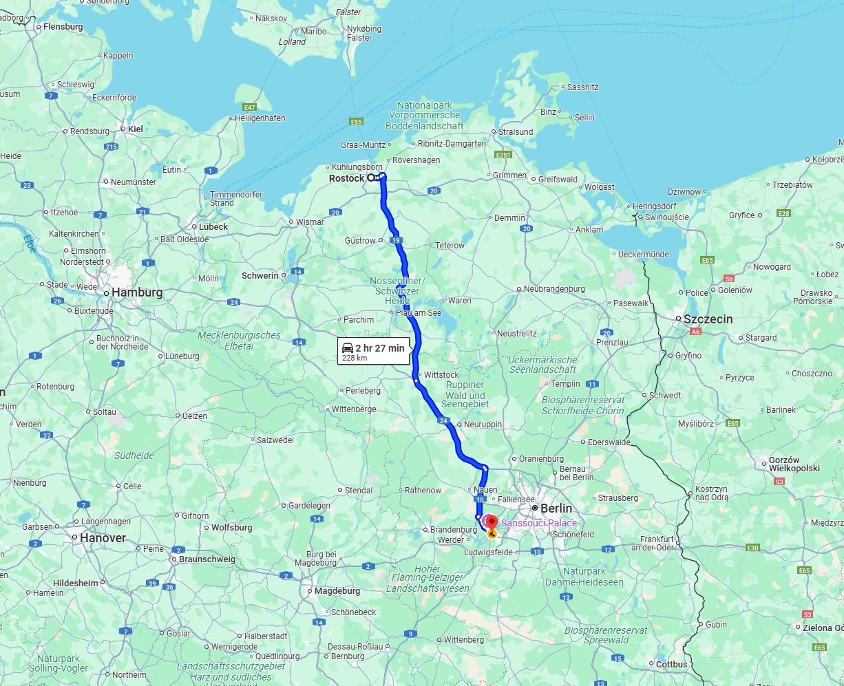 Anreise von Rostock Zu Potsdam Über via A19 and A24
