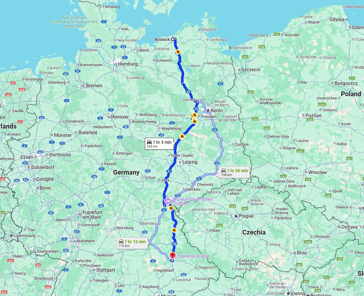 Anreise von Rostock Zu Regensburg Über via A9 and A93