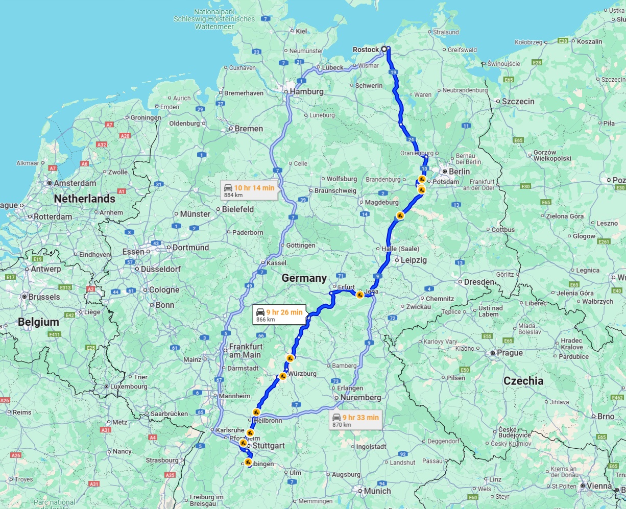 Anreise von Rostock Zu Reutlingen Über via A9
