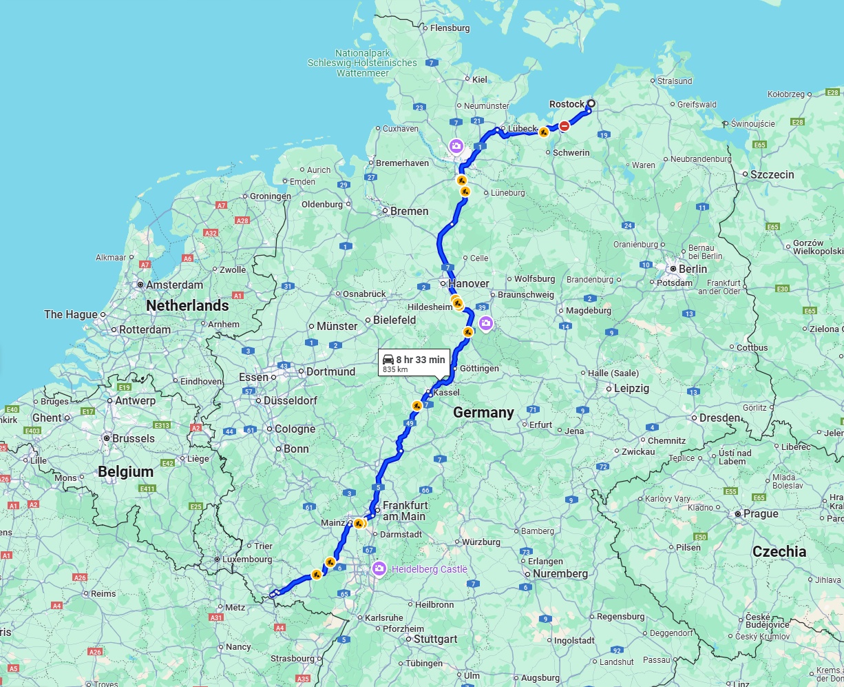 Anreise von Rostock Zu Saarbrücken Über via A7