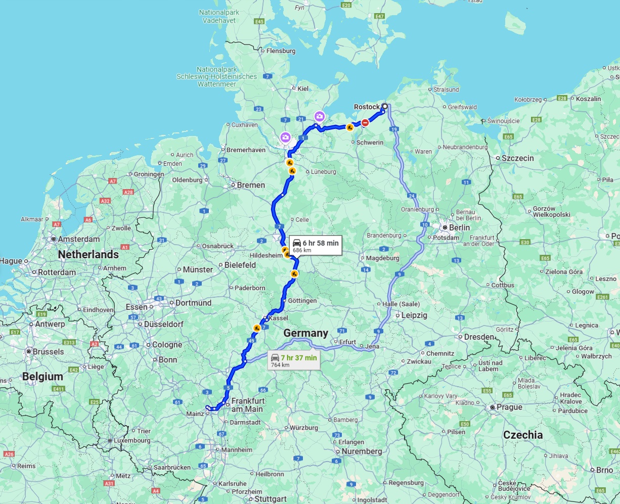 Anreise von Rostock Zu Wiesbaden Über via A7